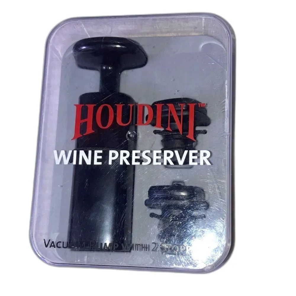 Wine Stoppers HOUDINI Wine Preserver Vacuum Pump with 2 Stoppers NEW Open Box